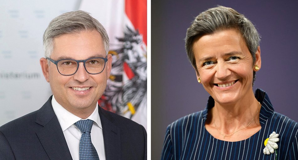 Finanzminister Magnus Brunner und EU-­Wett­bewerbskommissarin Margrethe Vestager