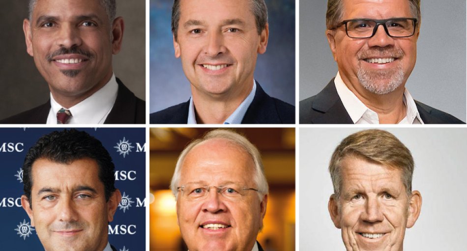 Von l. oben nach r. unten: Arnold Donald (Carnival Corp.), Michael Bayley (Royal Caribbean Cruises), Frank del Rio (NCL), Gianni Onorato (MSC Cruises), Karl Holz (Disney Cruises), Friedrich Joussen (TUI)