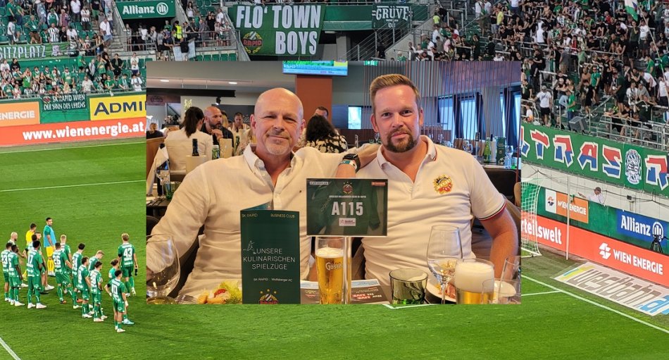 Gibt es einen optimaleren Ort für ein Gespräch mit dem Chef und Gründer der RES Touristik (fussballreisen.com bzw. fanreisen.com), Christian Pramberger (r.), als das Allianz-Stadion, der Heimstätte des SK Rapid Wien? So geschehen Mitte September 2023 beim Match Rapid gegen den Wolfsberger AC. Mit dabei war auch Richard Senft (l.), CEO von enjoy reisen.