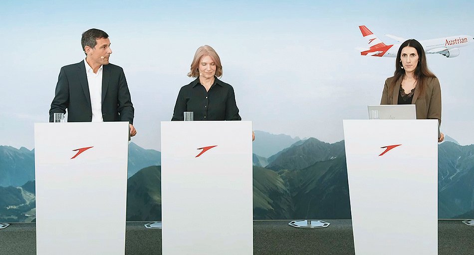 V.l.: Stefan-Kenan Scheib / COO Austrian Airlines, Annette Mann / Vorstandsvorsitzende Austrian Airlines und Anita Kiefer / Pressesprecherin Austrian Airlines V.l.: Stefan-Kenan Scheib / COO Austrian Airlines, Annette Mann / Vorstandsvorsitzende Austrian Airlines und Anita Kiefer / Pressesprecherin Austrian Airlines